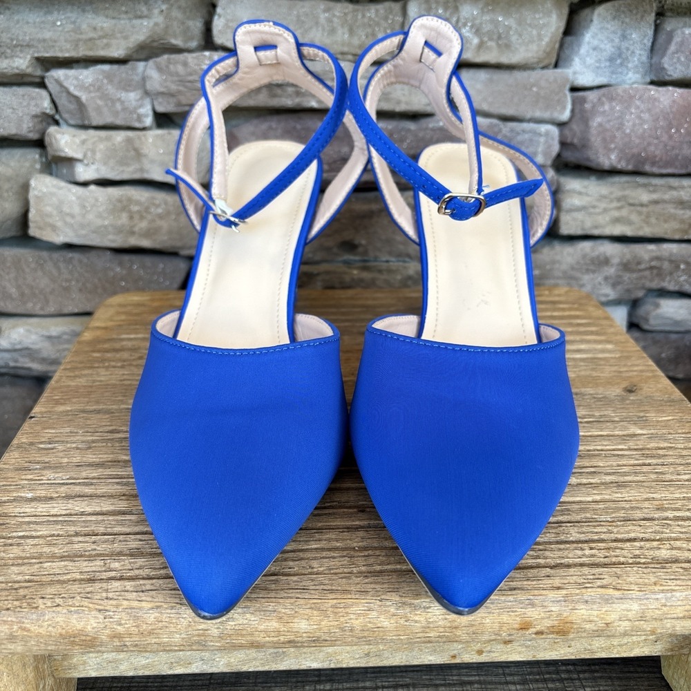 Women Blue Satin Pointed Toe Ankle Strap Chunky Acrylic Block Heel Pumps 11/43